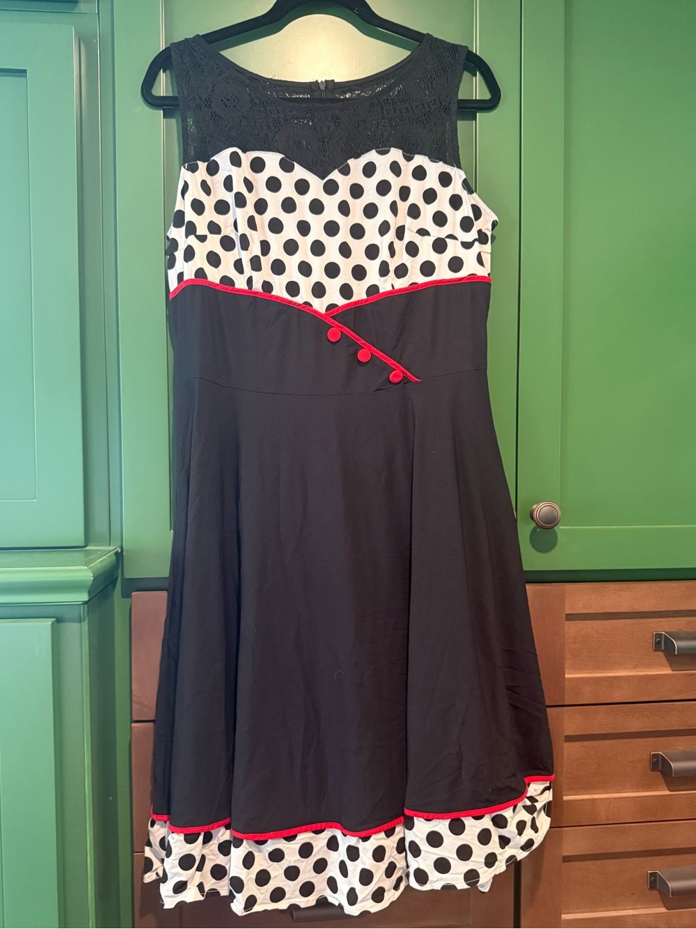 Black Polka Dot Fit & Flare Dress with Red Trim